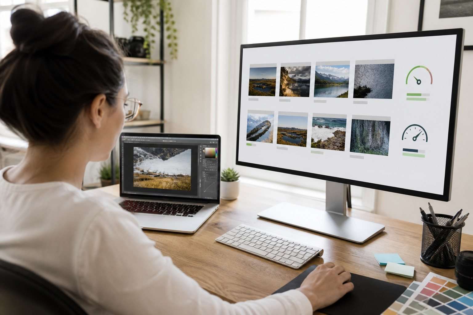 Cómo optimizar imágenes para web sin perder nitidez ni velocidad — Imagen 1 Diseñadora optimizando fotografías para una página web
